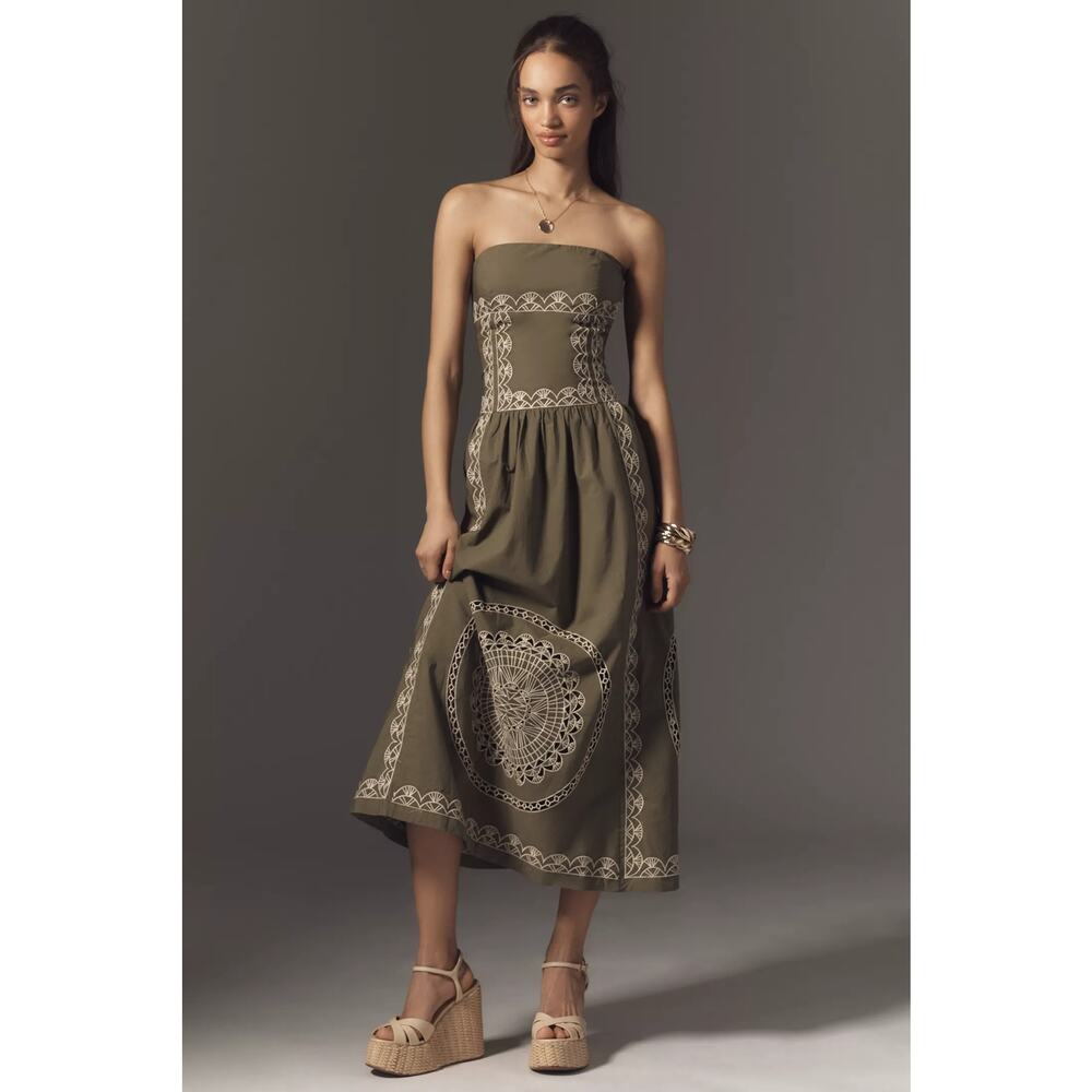 New Anthropologie Strapless Drop-Waist Embroidered Midi Dress $268 Large Olive - Picture 1 of 8